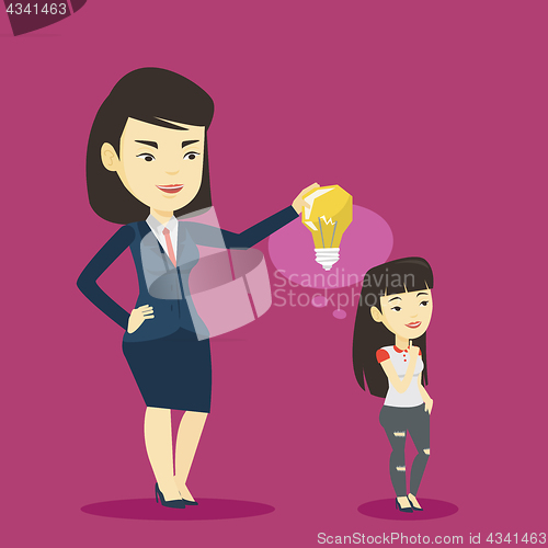 Image of Business woman giving idea bulb to her partner.