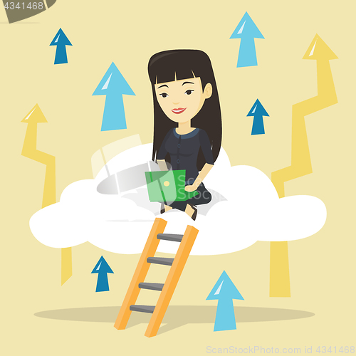 Image of Business woman sitting on cloud with laptop.