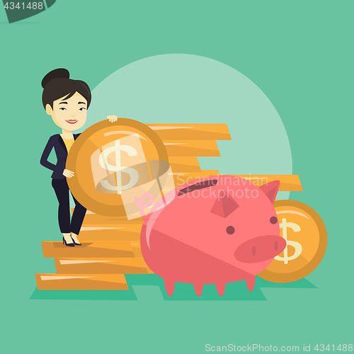 Image of Business woman putting coin in piggy bank.
