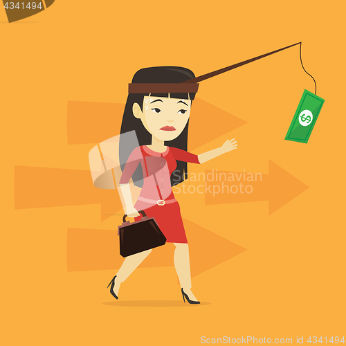 Image of Businesswoman trying to catch money on fishing rod