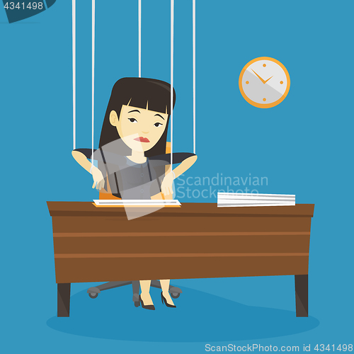 Image of Business woman marionette on ropes working.