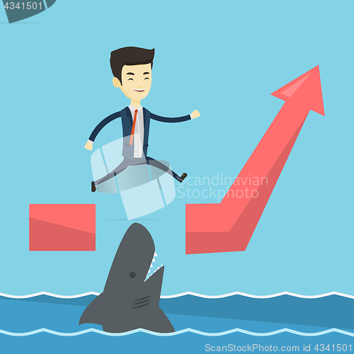Image of Business man jumping over ocean with shark.