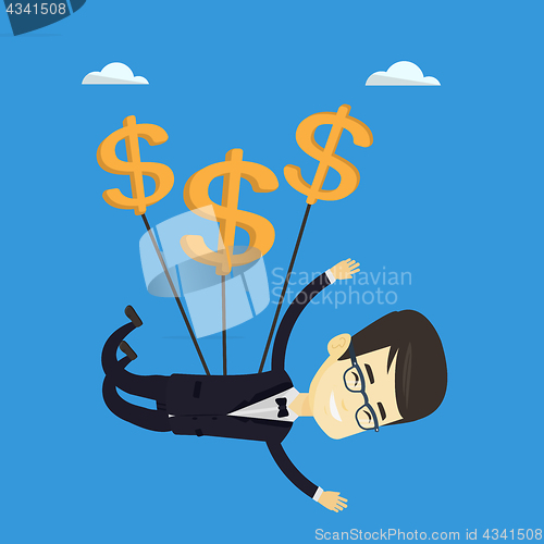 Image of Business man flying with dollar signs.