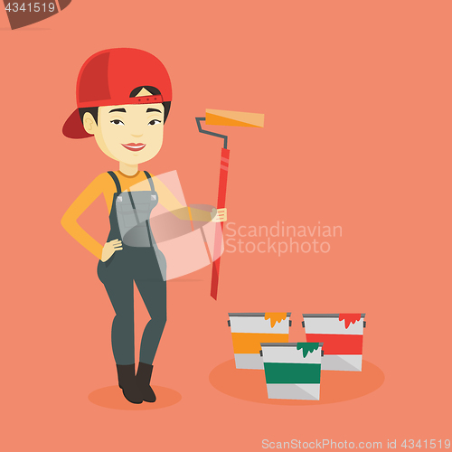 Image of Painter holding paint roller vector illustration.