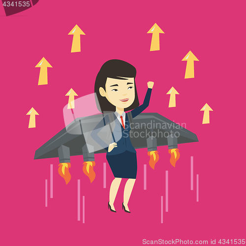 Image of Business woman flying on the rocket to success.