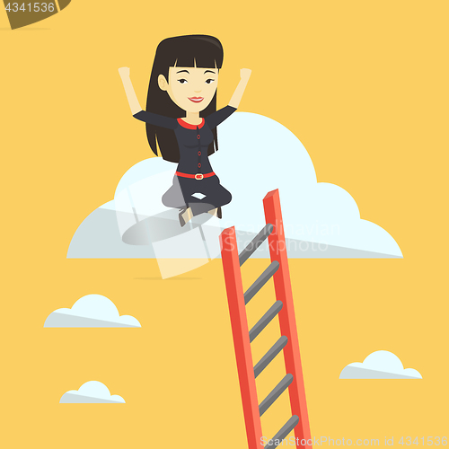 Image of Happy business woman sitting on the cloud.