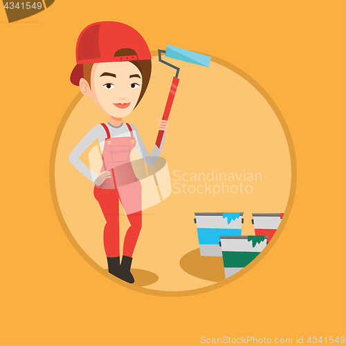 Image of Painter holding paint roller vector illustration.