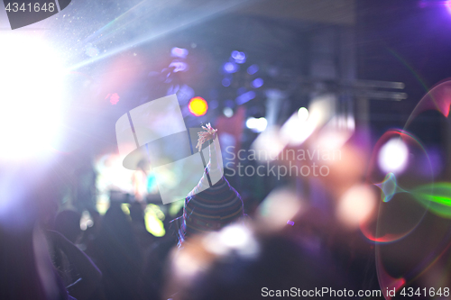 Image of The silhouettes of concert crowd in front of bright stage lights