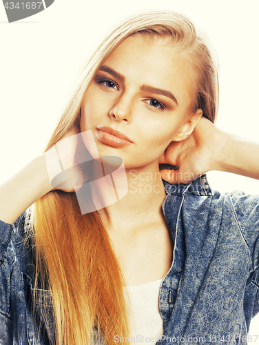 Image of young blond woman on white backgroung gesture thumbs up, isolate