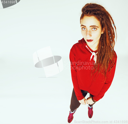 Image of real caucasian woman with dreadlocks hairstyle funny cheerful fa