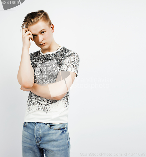 Image of young handsome teenage hipster guy posing emotional, happy smiling against white background isolated, lifestyle people concept 