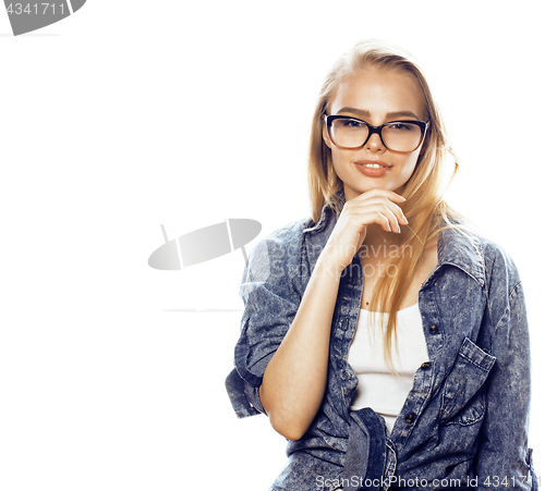 Image of young pretty girl teenager in glasses on white isolated blond ha