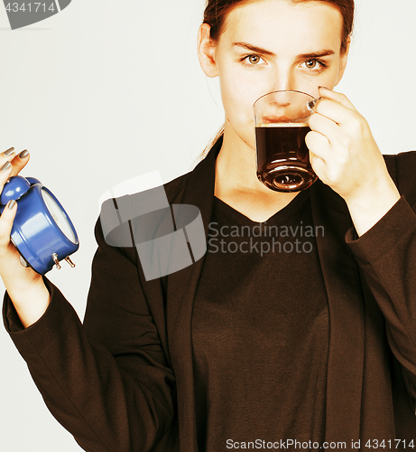 Image of young beauty woman in business style costume waking up for work 