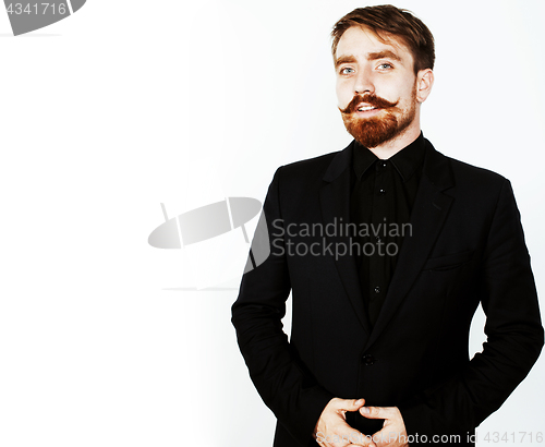 Image of young red hair man with beard and mustache in black suit on whit