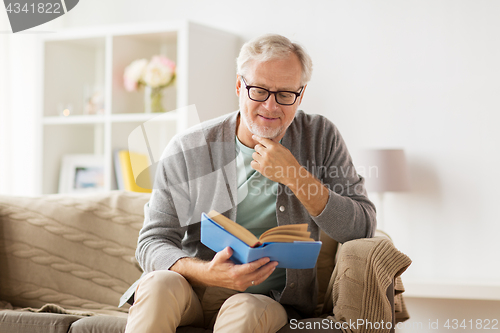 Image of senior man on sofa reading book at home