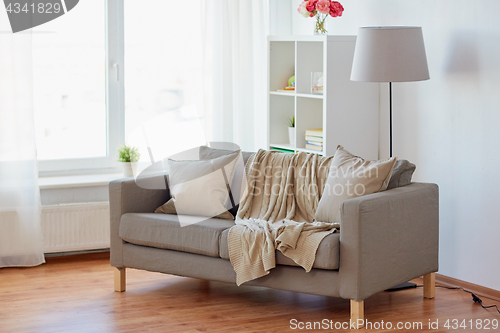 Image of sofa with cushions at cozy home living room
