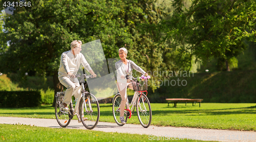 Image of happy senior couple riding bicycles at summer park