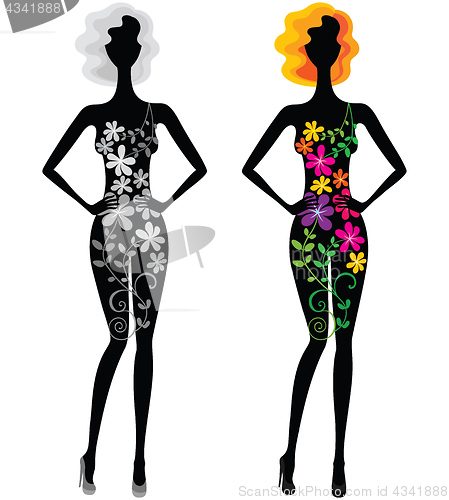 Image of Young beautiful woman in dress of flowers in two variations