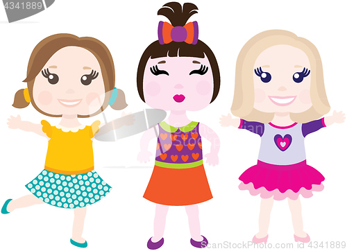 Image of Vector illustration of three little smiling girls