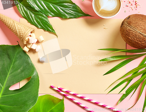 Image of holiday background with tropical leaves