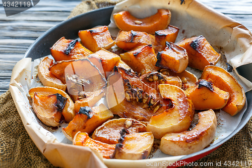 Image of Pumpkin cut into pieces baked in honey.