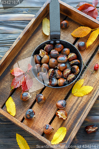 Image of Delicious roasted chestnuts in a cast iron skillet.