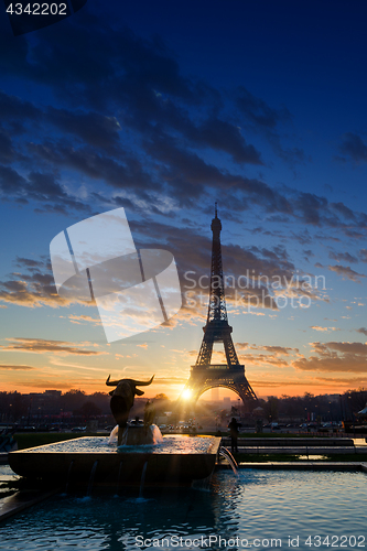 Image of The Eiffel tower at sunrise in Paris 