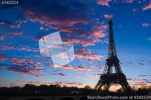 Image of The Eiffel tower at sunrise in Paris 