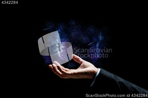 Image of close up of businessman hand over space background