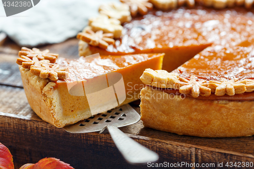 Image of Piece of traditional American pumpkin pie.