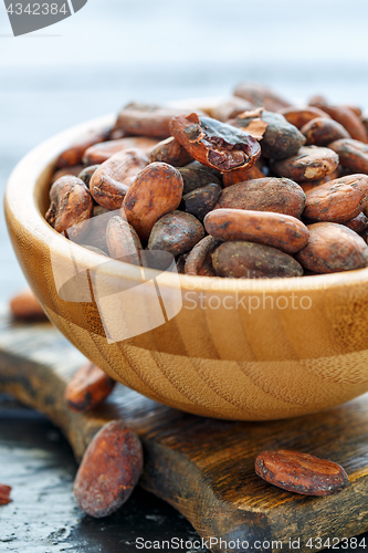 Image of Organic cocoa beans in a wooden bowl.
