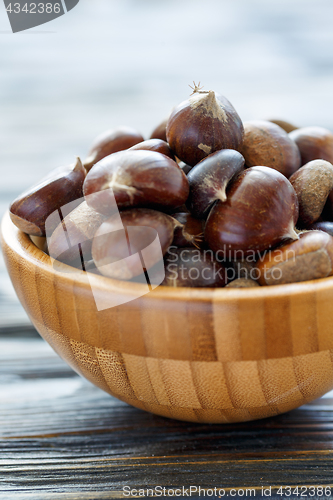 Image of Fresh chestnuts in a wooden bowl.