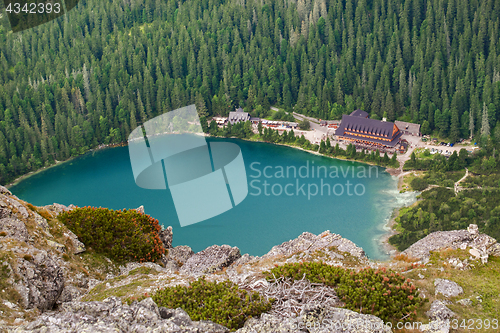 Image of Popradske pleso lake with touristic shell house