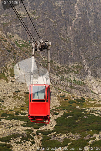 Image of Wagon cable car against the background of beautiful rocky mountains