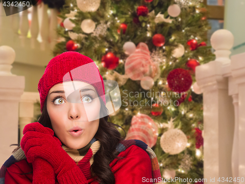 Image of Warmly Dressed Female In Front of Decorated Christmas Tree.