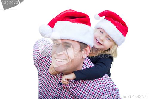 Image of Happy Father and Daughter Wearing Santa Hats Isolated on White B