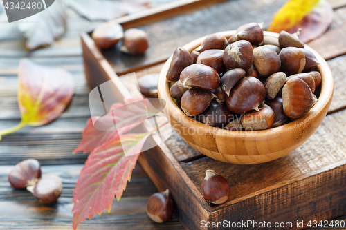 Image of Ripe chestnuts in a wooden bowl.