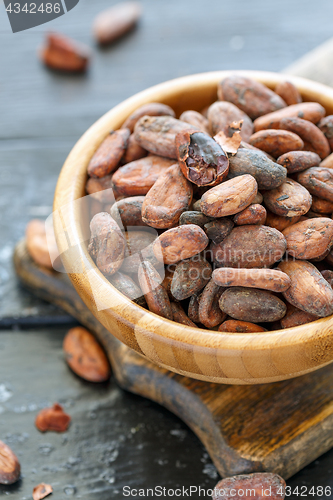 Image of Raw cocoa beans in wooden bowl.