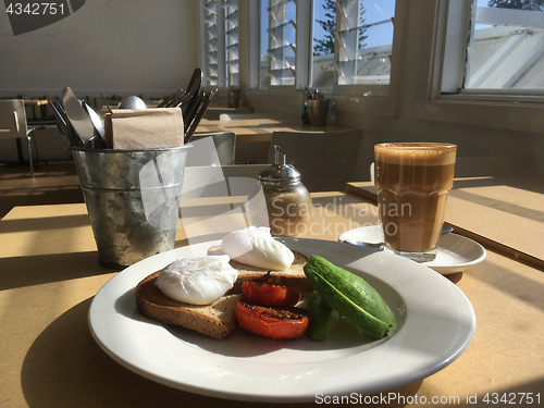 Image of Poached eggs avocado and char-grilled tomato with latte at cafe