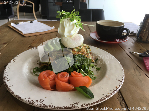 Image of Zucchini sweet potato fritters with avocado poached eggs and sal