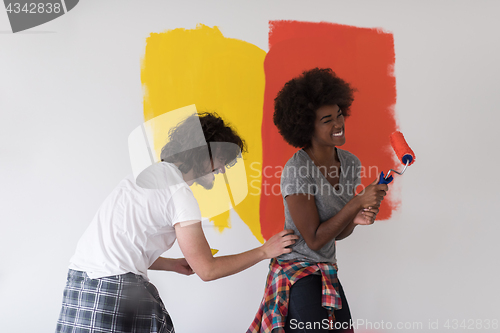 Image of multiethnic couple painting interior wall