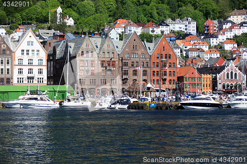 Image of BERGEN HARBOR, NORWAY - MAY 27, 2017: Private boats on a row alo