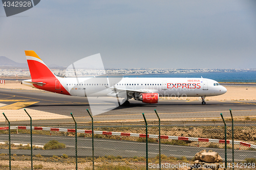 Image of ARECIFE, SPAIN - APRIL, 16 2017: AirBus A321 of IBERIA with the 