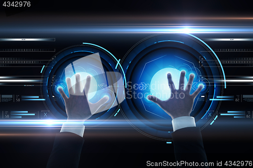 Image of businessman hands with virtual projection