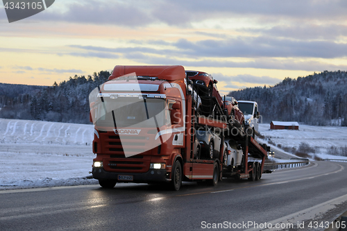 Image of Scania Car Carrier Trucking at Winter Dusk