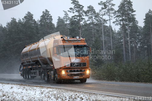 Image of Volvo Semi Tanker in Blizzard