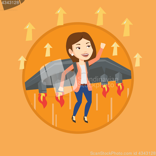 Image of Business woman flying on the rocket to success.