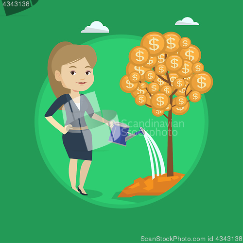 Image of Woman watering money tree vector illustration.