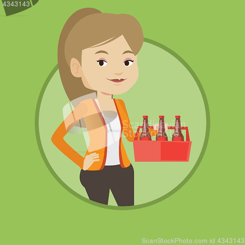 Image of Woman with pack of beer vector illustration.
