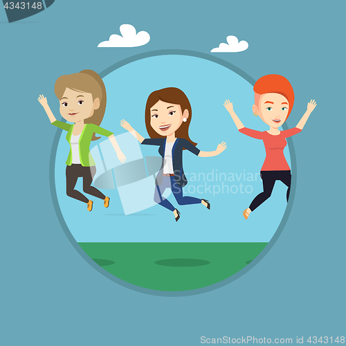 Image of Group of joyful young friends jumping.